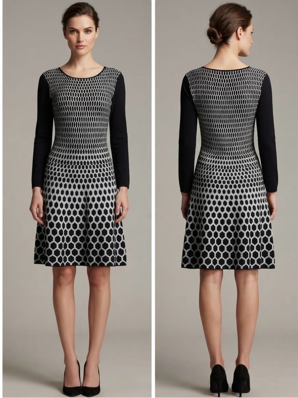 Catherine Malandrino Black and Gray Geometric Long-Sleeve Fit-and-Flare Dress